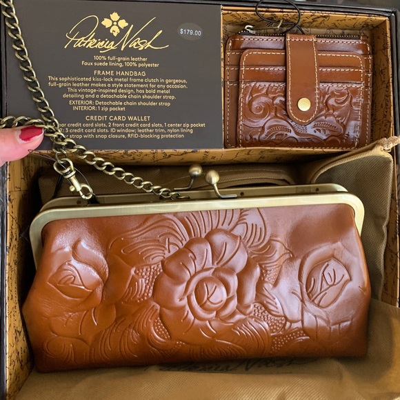 Authentic PATRICIA NASH LEATHER EMBOSSED GRAPE LEAF FRAME CROSB/CLUTCH/WALLET - Picture 12 of 16